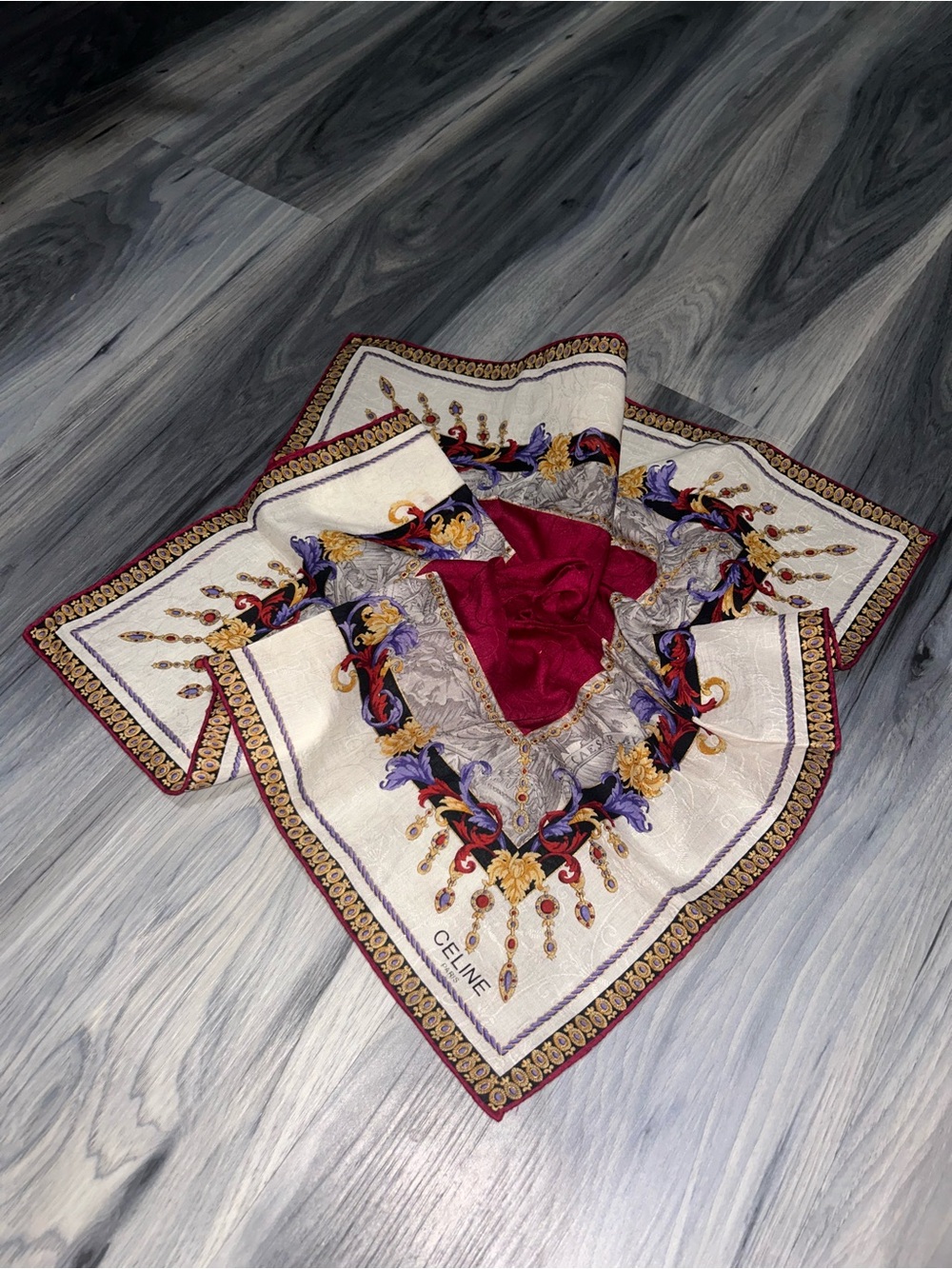 Vintage Celine Maroon Cotton Handkerchief with Baroque Gold Chain Design